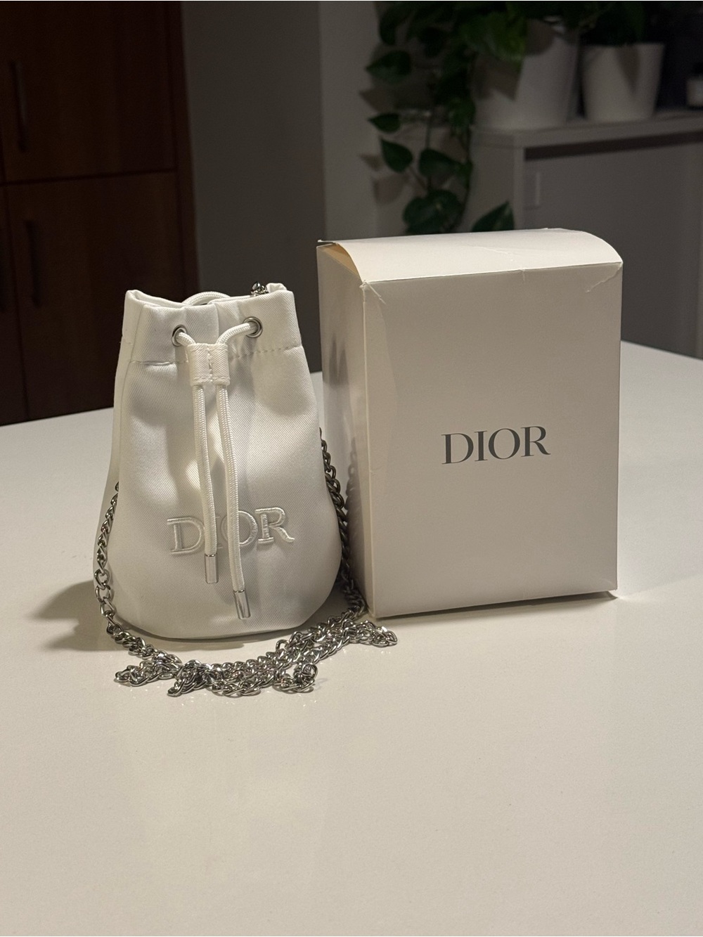 Dior White Mini Drawstring Bucket Bag with Silver Chain